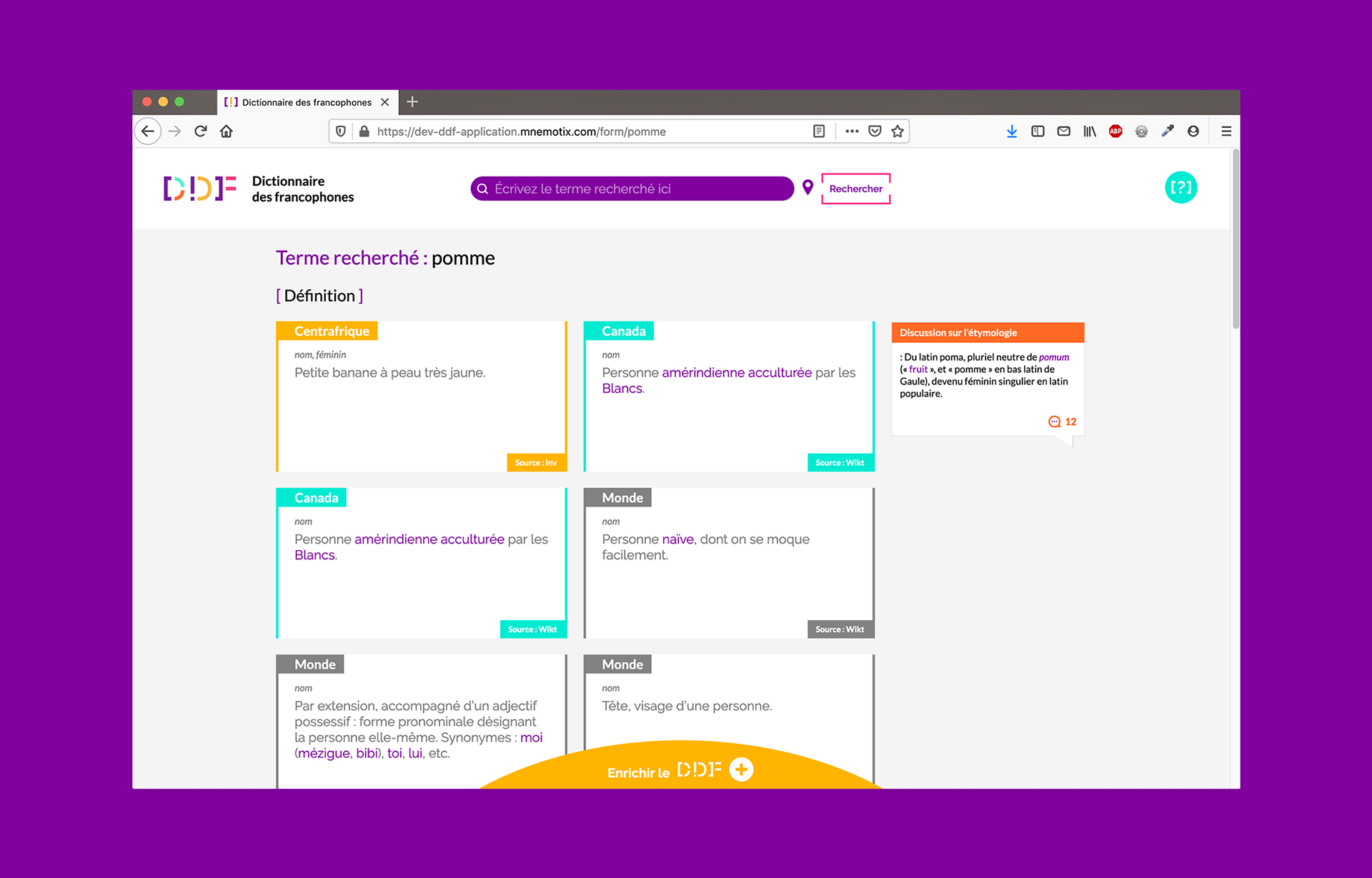 Interface de recherche du Dictionnaire des Francophones avec les différentes définitions du mot « pomme » selon les régions