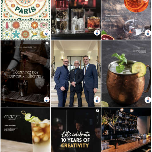 Mosaïque de publications Instagram de l’Association des Barmen de France valorisant cocktails, événements et membres